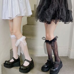 丝袜夏天薄款花边网纱丝带白丝小腿袜任意剪JK蝴蝶结甜妹中筒袜子