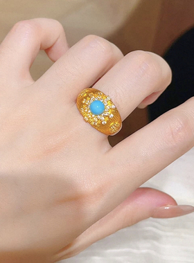 新中式国潮风点钻拉丝星芒戒指满钻重工四叶花指环高级感女