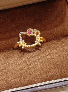 新中式国潮风满钻镂空kitty猫戒指凯蒂猫咪蝴蝶结开口指环送女友