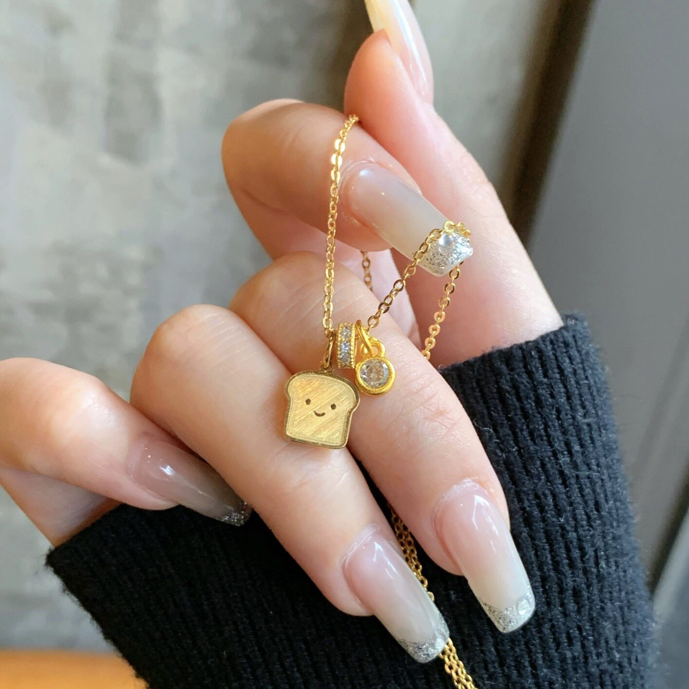 新中式国潮古法点钻微笑吐司面包项链泡泡钻锁骨链日常百搭送礼