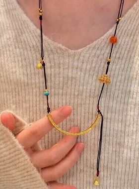 新中式国潮风称心如意吉言金弯管项链女多宝微笑挂绳流苏毛衣链