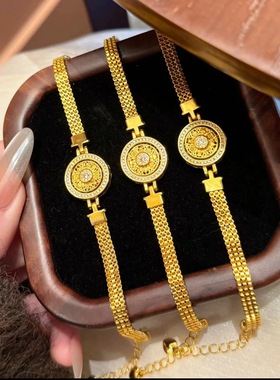 新中式国潮风古法点钻镂空可转动八宝罗盘表带手链圆牌腕带送女友