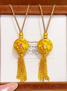 新中式金店同款古法錾刻点钻牡丹花球流苏吊坠项链复古花丝毛衣链