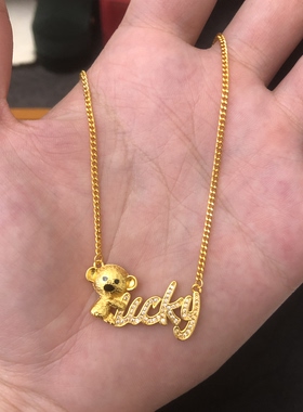 新中式国潮风古法点钻小熊lucky项链可爱精致风套链送女友礼物