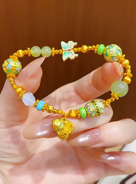 新中式国潮古法绿色珐琅葫芦蝴蝶多宝手链猫眼镂空手串轻奢女送礼