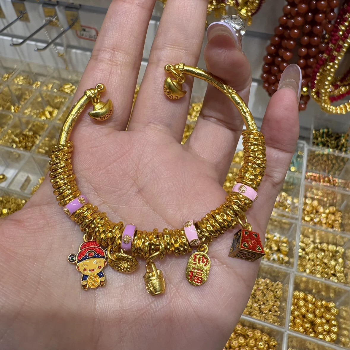 新中式国潮风古法烧蓝珐琅称心如意小财神吉言盘缠手链钱串手镯