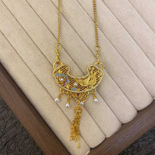 新中式凤穿牡丹流苏吊坠古法烧蓝凤凰牡丹花花丝工艺双勾项链