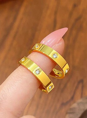 新中式金店同款亮面六钻戒指男女情侣款对戒轻奢高级冷淡风指环
