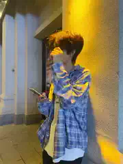 Summer Tie-Dye Plaid Thin Shirt for Men, Handsome Jacket, American-Style Plaid Long-Sleeve Shirt with a Turn-Down Collar, Casual Top