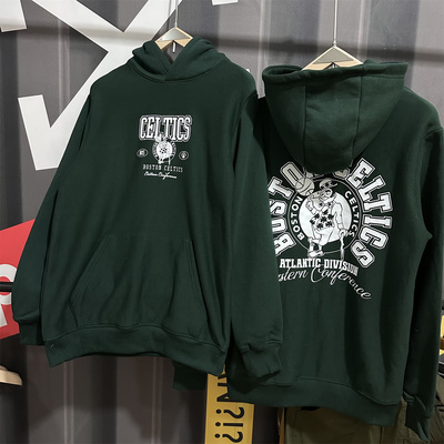 秋冬季宽松潮流连帽加绒加厚卫衣男凯尔特人绿色印花帽衫外套潮