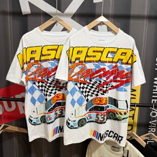 外贸NASCAR赛车风短袖T恤男女同款53号赛车印花宽松圆领纯棉上衣