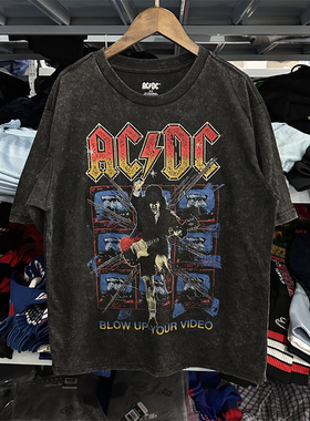 美式破坏风做破ACDC乐队摇滚朋克复古做旧水洗街头宽松短袖T恤