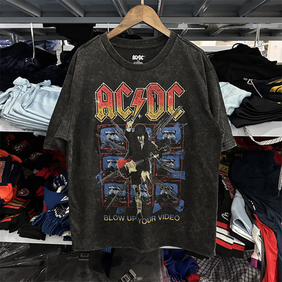 美式破坏风做破ACDC乐队摇滚朋克复古做旧水洗街头宽松短袖T恤