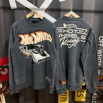 秋冬薄绒印花圆领卫衣女hoewheels风火轮做旧水洗美式宽松上衣男