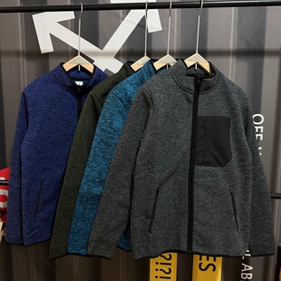 外贸单冬款加绒加厚保暖透气运动拉链口袋外套复合绒立领开衫外套