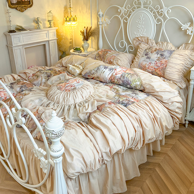 复古褶皱花边被套纯棉床裙款