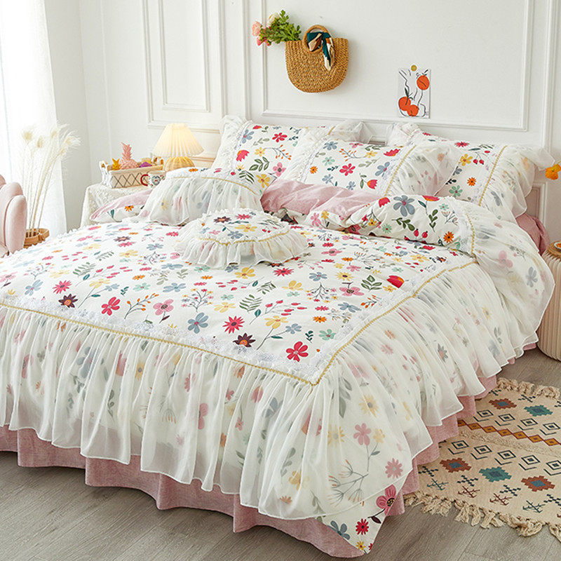 网红款全棉床上四件套纯棉公主风蕾丝荷叶边被套1.8m床裙式少女心