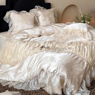 法式仙气浪漫提花全棉长绒棉四件套纯棉蕾丝边床盖被套公主风床品
