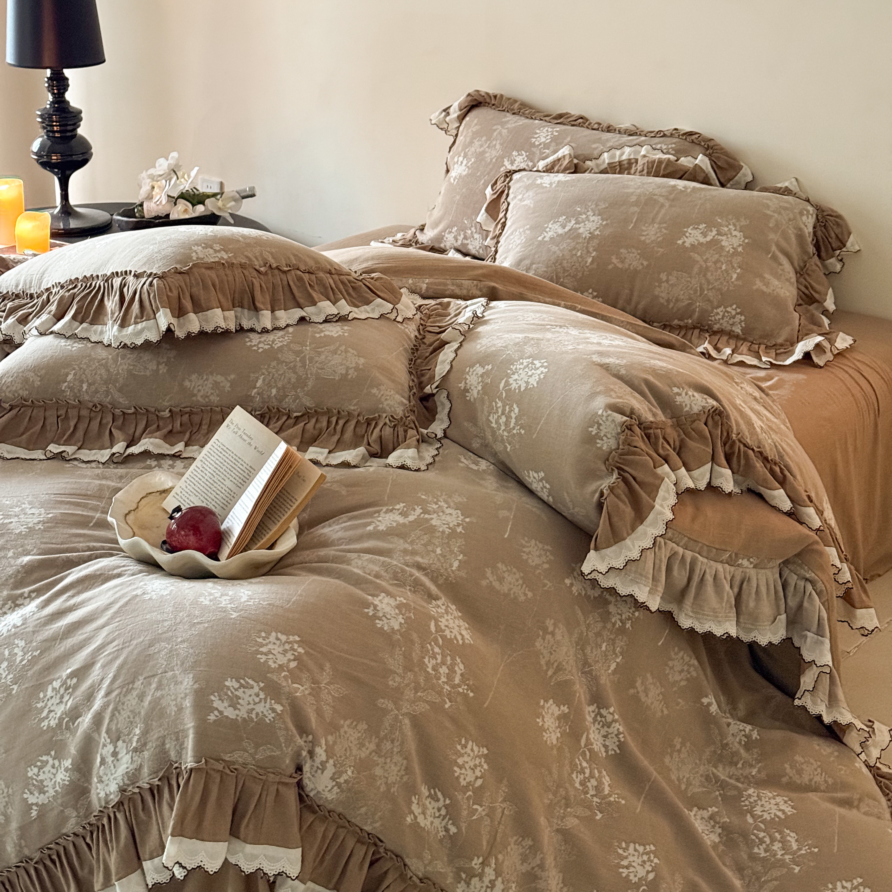 法式复古少女棉麻四件套贡缎水洗色织提花全棉花边被套床上用品4,床上用品,床品套件/四件套/多件套,淘宝优惠券,粉丝福利购,淘宝优惠卷