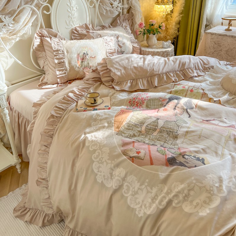 少女公主风纯棉荷叶花边被套床裙