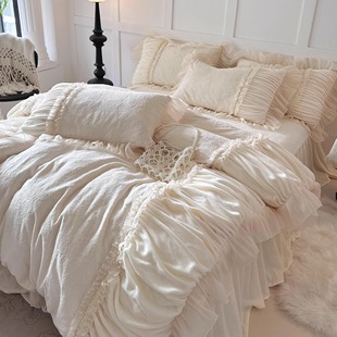 法式 仙女雕花牛奶绒加绒四件套公主风少女蕾丝被套珊瑚绒床裙冬季
