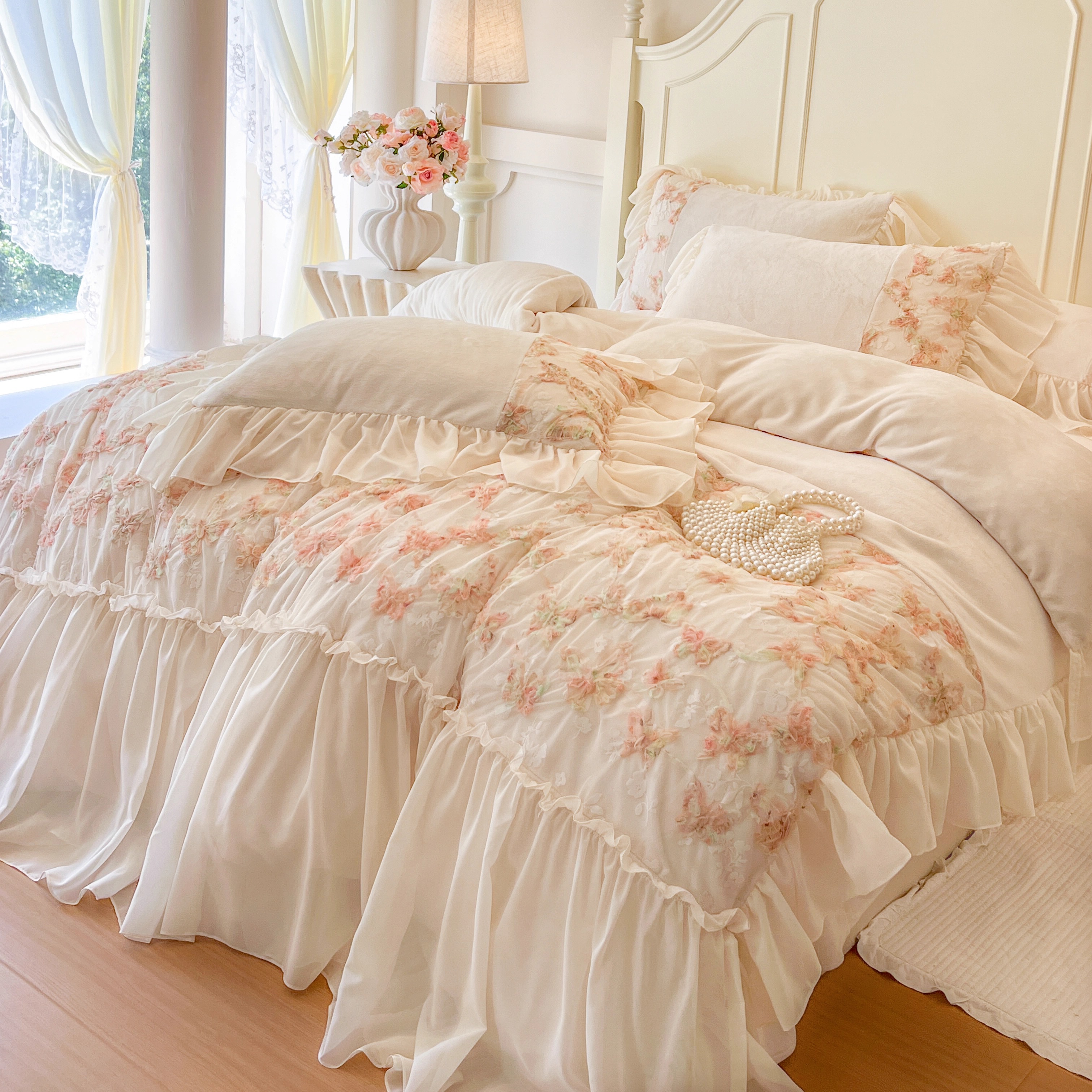 仙女加绒牛奶绒蝴蝶蕾丝四件套