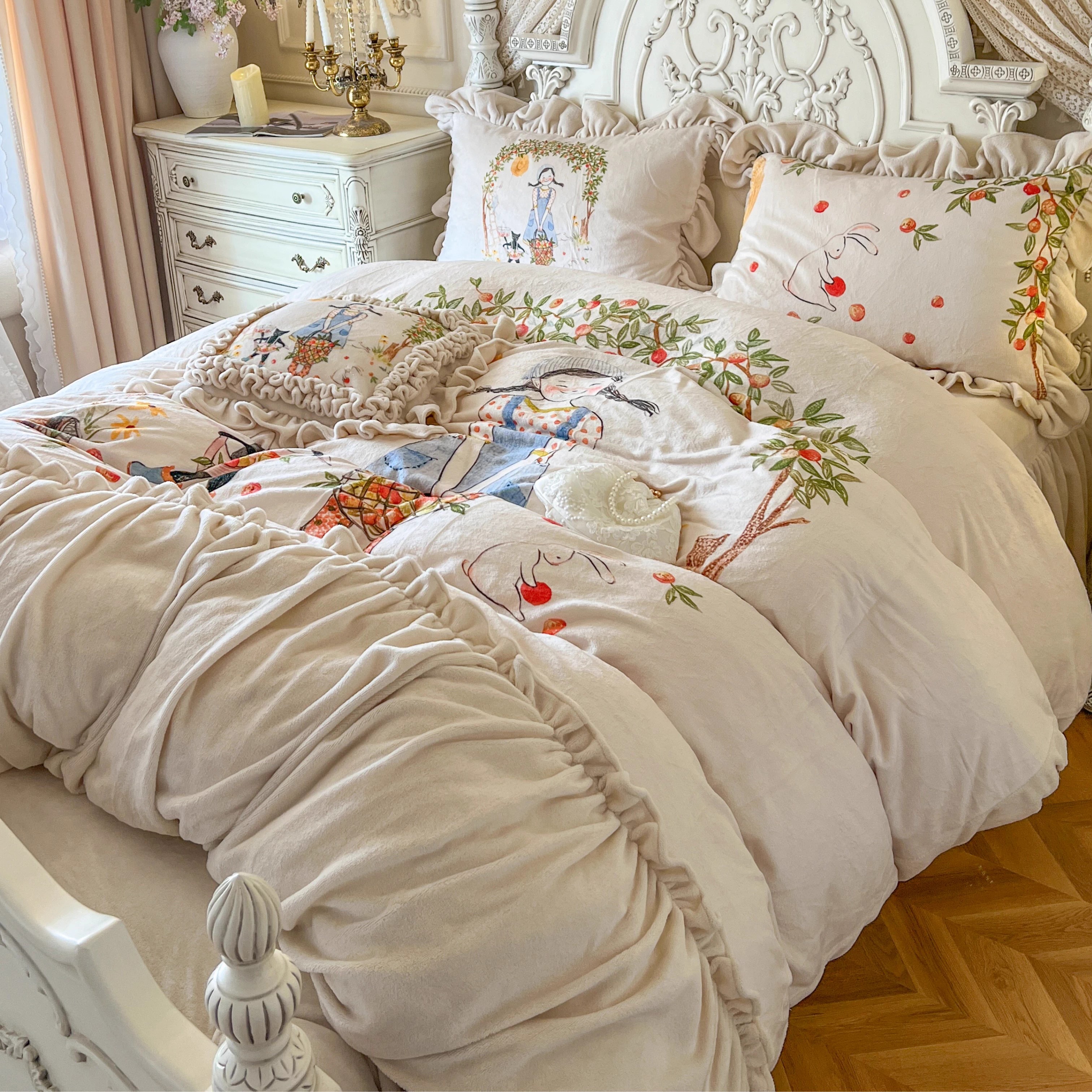 冬季可爱少女牛奶绒加厚四件套