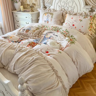 冬季可爱少女牛奶绒加厚四件套褶皱花边加绒珊瑚绒被套公主风床裙