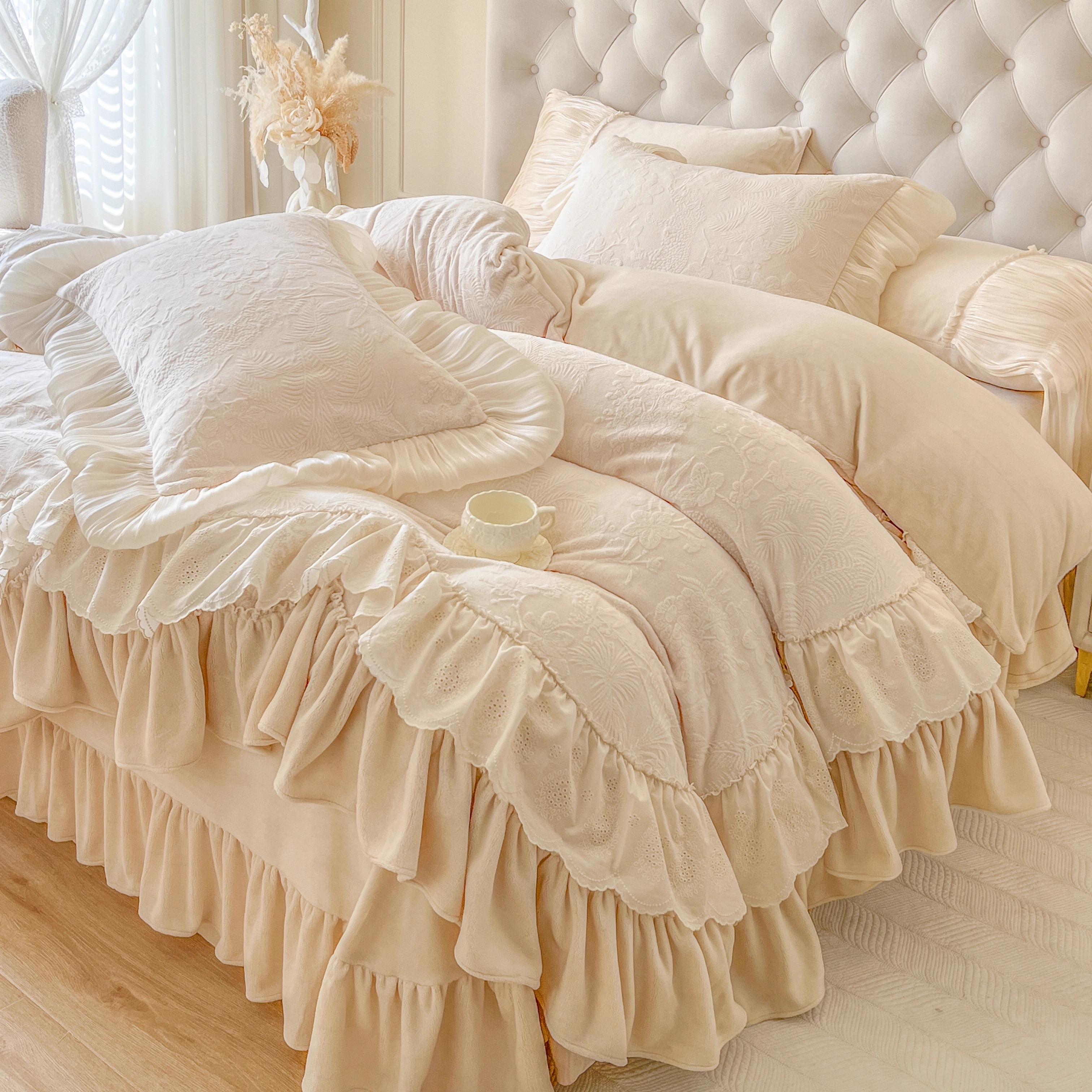 法式冬季加绒牛奶绒四件套公主风珊瑚绒仙女蕾丝被套加厚保暖床品