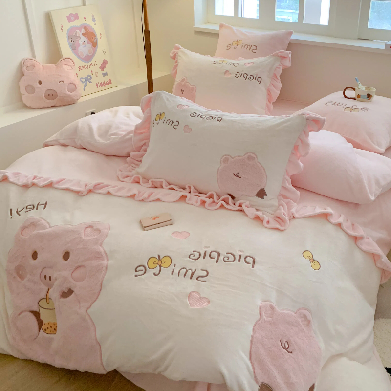 卡通小猪被套床上少女珊瑚绒床单