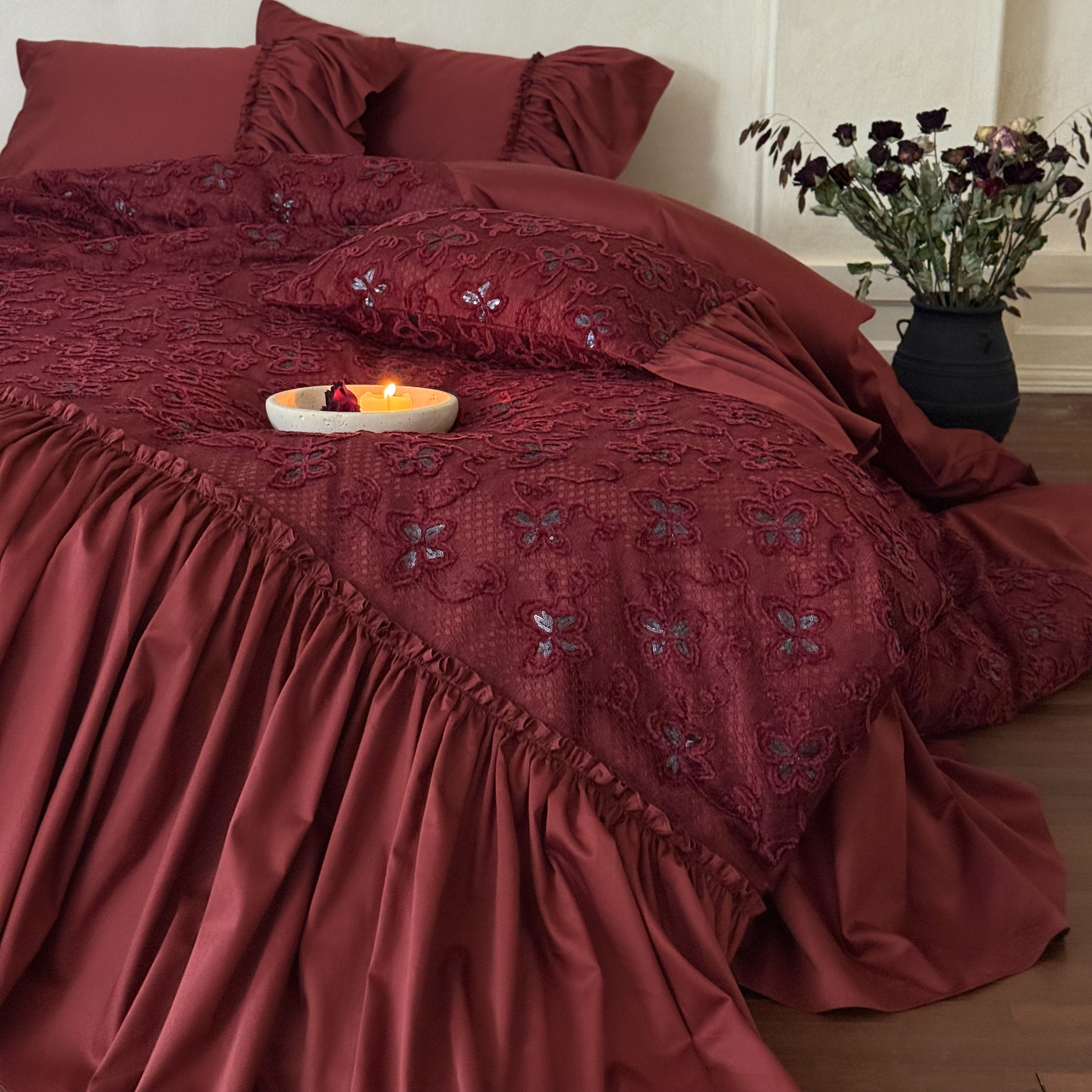 法式优雅复古红全棉长绒棉四件套纯棉贡缎镂空刺绣婚庆公主风床裙