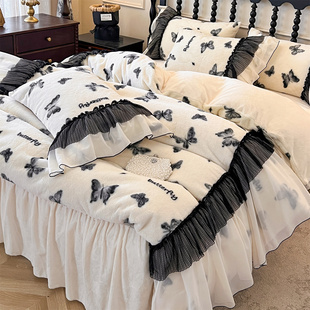 法式 加厚兔兔绒牛奶绒四件套蝴蝶蕾丝花边毛绒被套高级感床裙 冬季