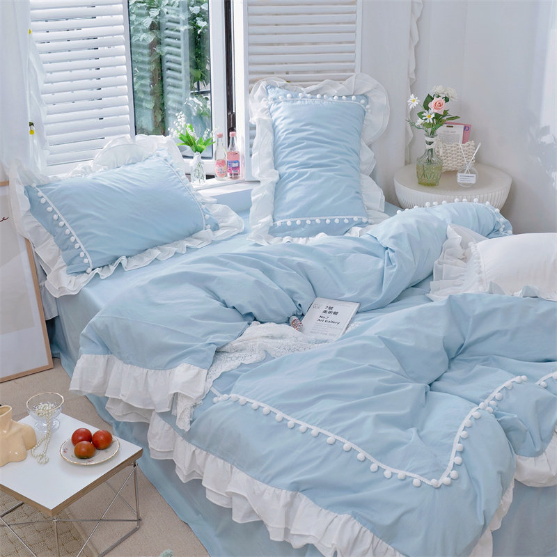 ins小清新纯色全棉水洗棉床单四件套少女公主风荷叶边100纯棉被套