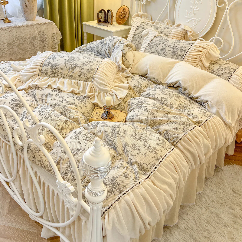 双面珊瑚绒褶皱蕾丝被套仙女床裙