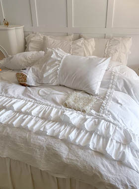 法式仙气白色床单被套床上四件套100全棉纯棉ins少女公主风床裙款