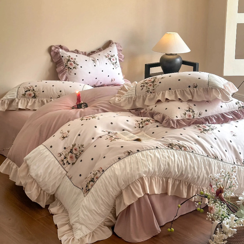 法式复古风全棉磨毛四件套花卉印花加厚纯棉花边被套秋冬保暖床品