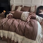 法式复古格子全棉水洗棉四件套纯棉刺绣蕾丝边被套少女心公主床裙