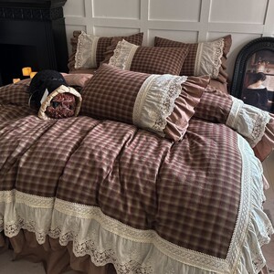 法式复古格子全棉水洗棉四件套纯棉刺绣蕾丝边被套少女心公主床裙
