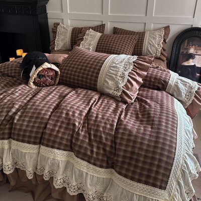 复古格子全棉水洗棉四件套床裙款