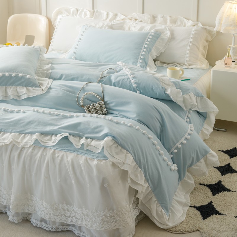 ins蓝色全棉水洗棉四件套夹棉