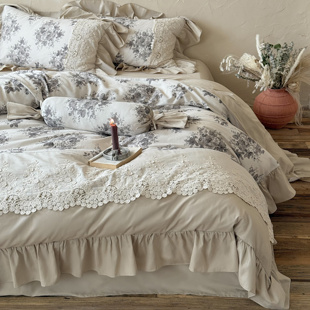 法式复古印花全棉磨毛四件套秋冬加厚纯棉蕾丝花边被套公主风床品