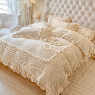冬季奶油风加厚雕花牛奶绒四件套公主风双面毛绒被套床裙高级床品