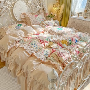 法式 复古奶油全棉床上四件套公主风少女感荷叶花边被套纯棉床裙款