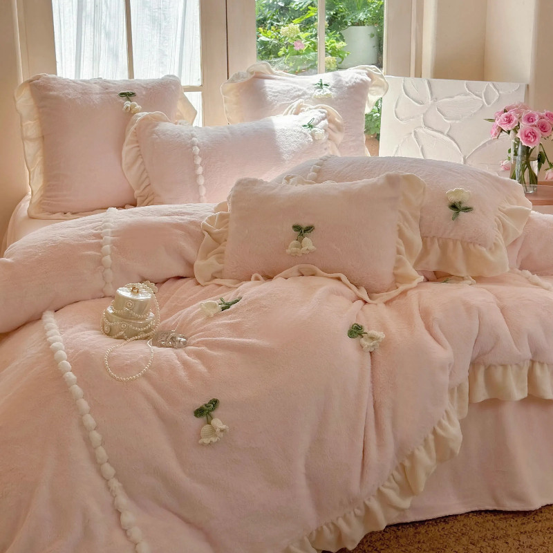 ins粉色公主风牛奶绒床上四件套冬季珊瑚绒被套少女床单花边床品4