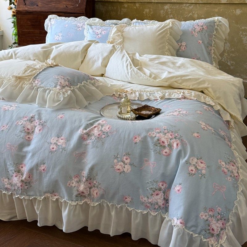 法式少女全棉床裙四件套纯棉田园碎花公主风玫瑰花卉蕾丝花边被套