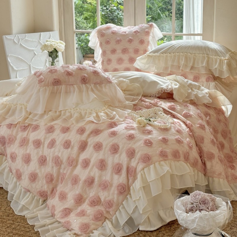 公主风蕾丝边毛绒被套珊瑚绒床单