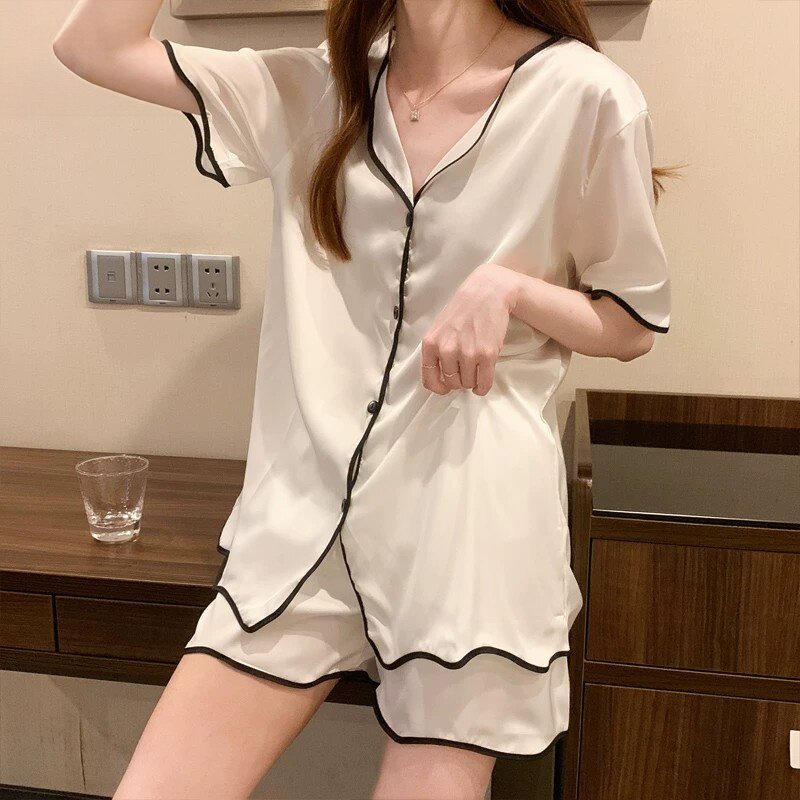 夏季薄款桑蚕丝女短袖睡衣套装