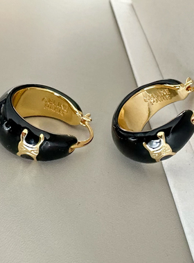 法式凯旋门黑色滴油耳环耳扣铜镀22K金轻奢高级感气质百搭耳饰品