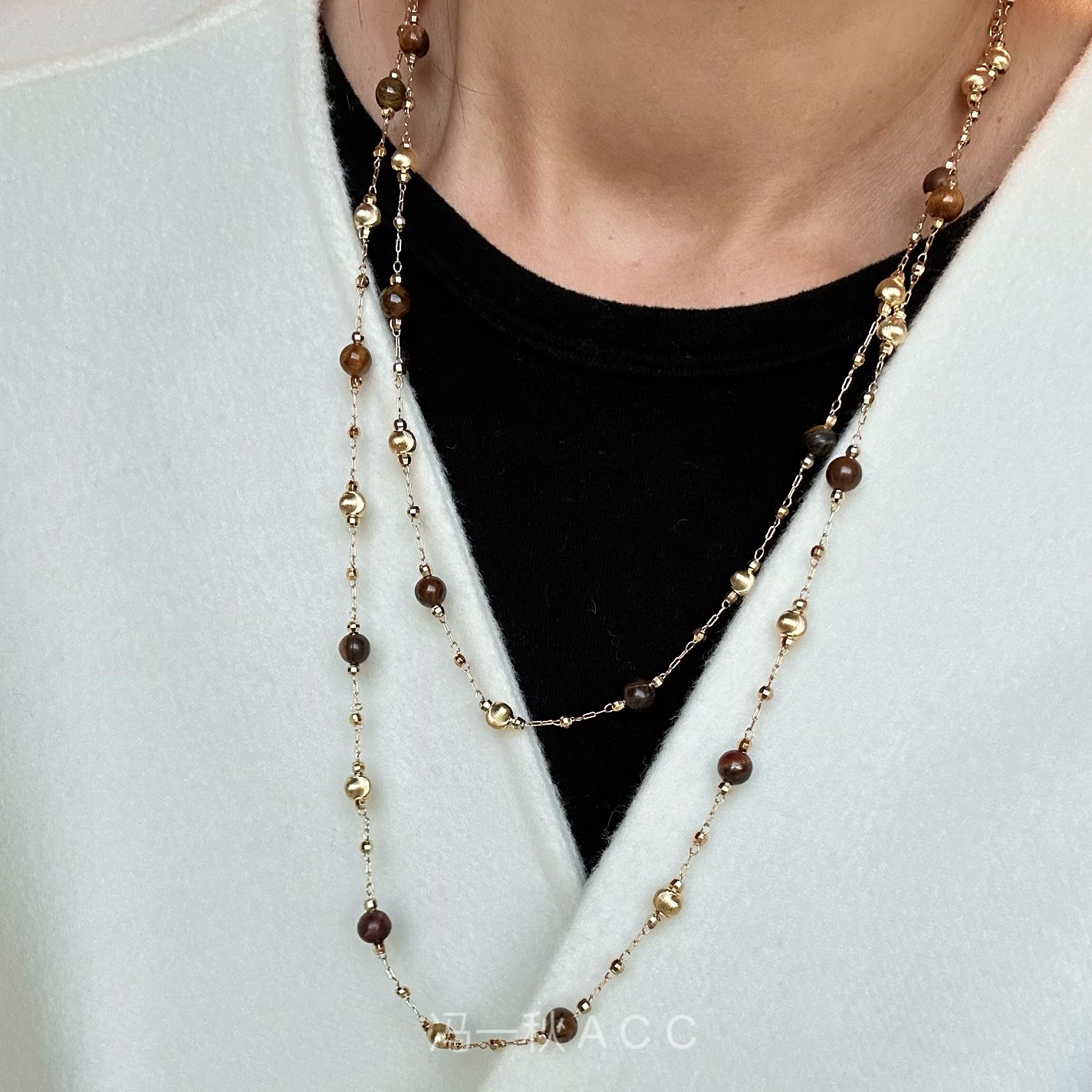 串珠虎眼石项链长款叠戴毛衣链