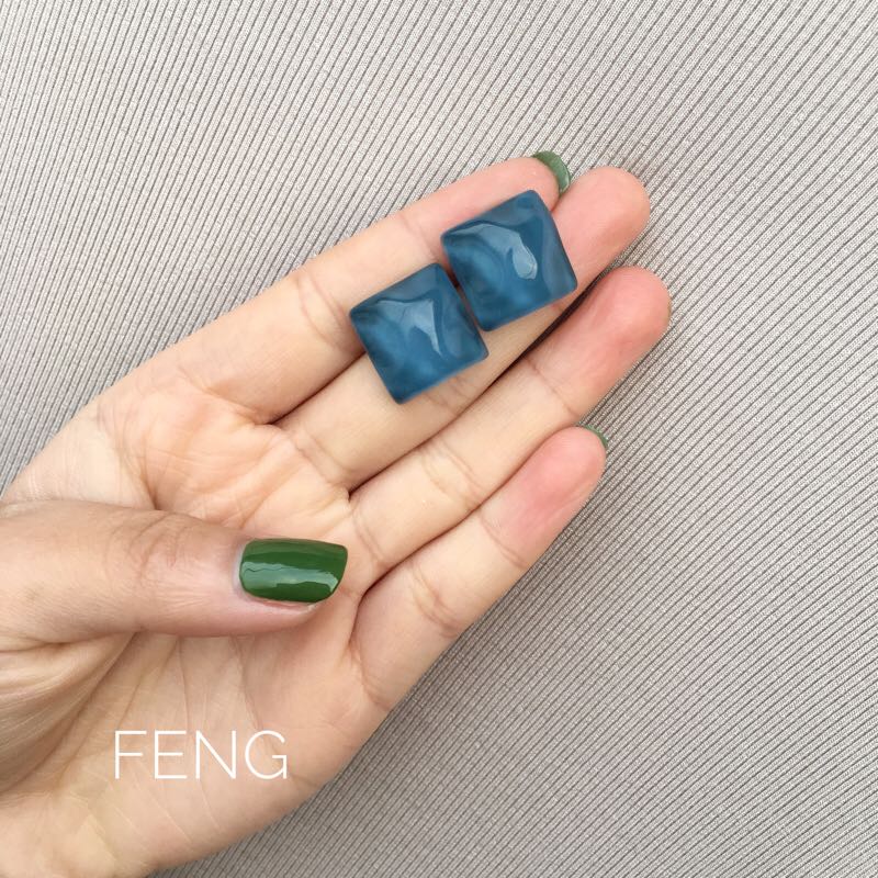 925银针清新耳环夏季耳夹无耳洞女水波粼粼蓝色方形树脂耳钉包邮